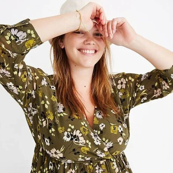 Madewell Cinch-Waist Tiered Midi Dress Sz XS Green Floral Peasant Boho - Picture 3 of 12